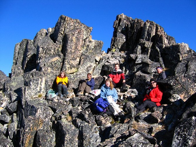 Here's the entire party at the Emerald Summit: Lynn, Richard, Eileen, Matt, Greg, & Eric.
Emerald finally gave us a summit that wasn't too steep, cold, windy, or cloudy, so we stayed for a long break.